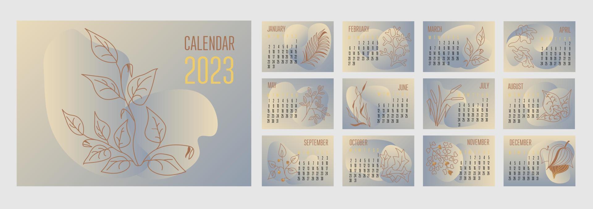 vektor horisontell kalender 2023 trendig abstrakt former med hand dragen botaniska växter. vecka börjar på måndag.