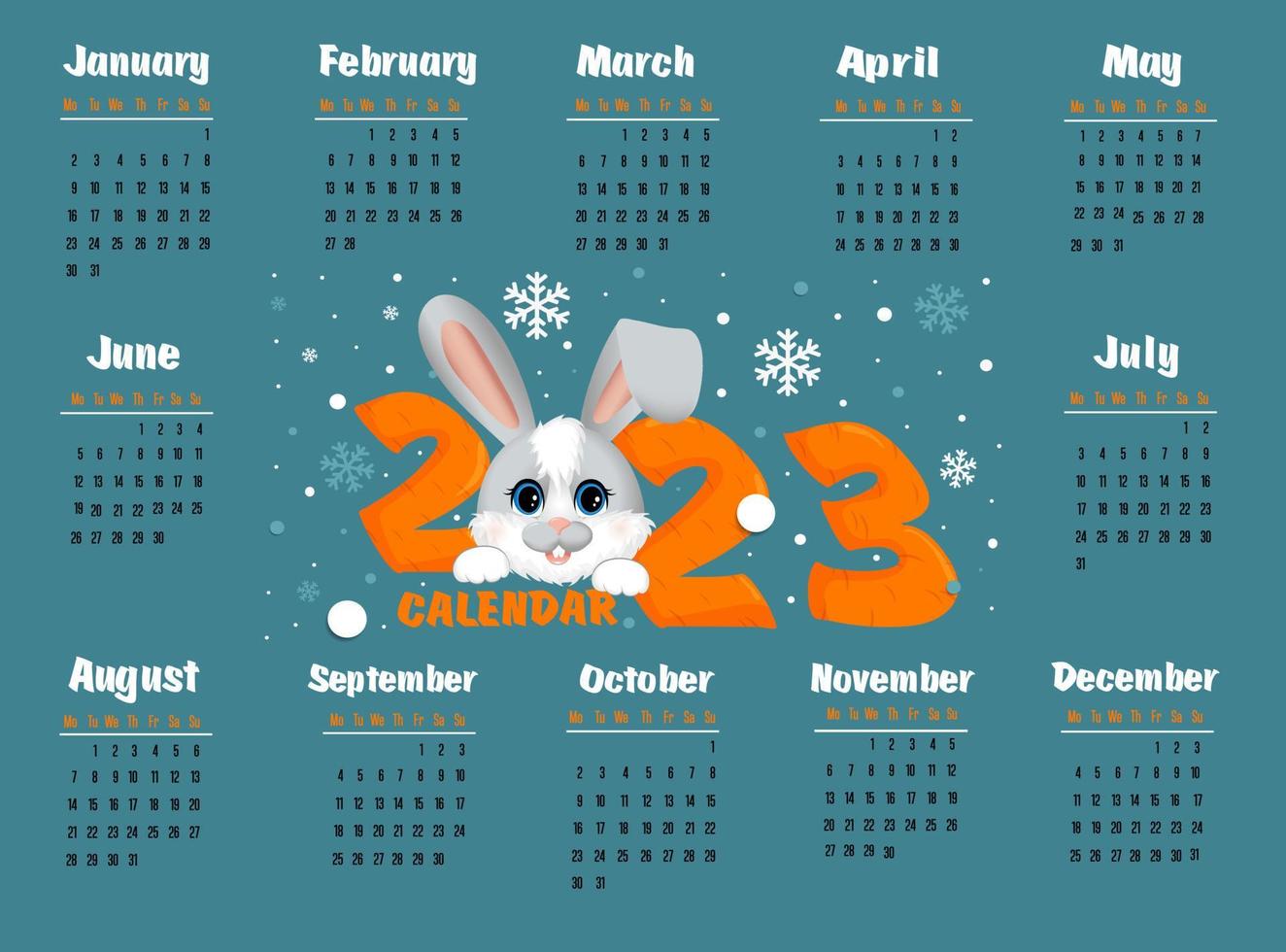 kalender 2023 med symbol av de år hare eller kanin. vecka börjar på måndag. vektor