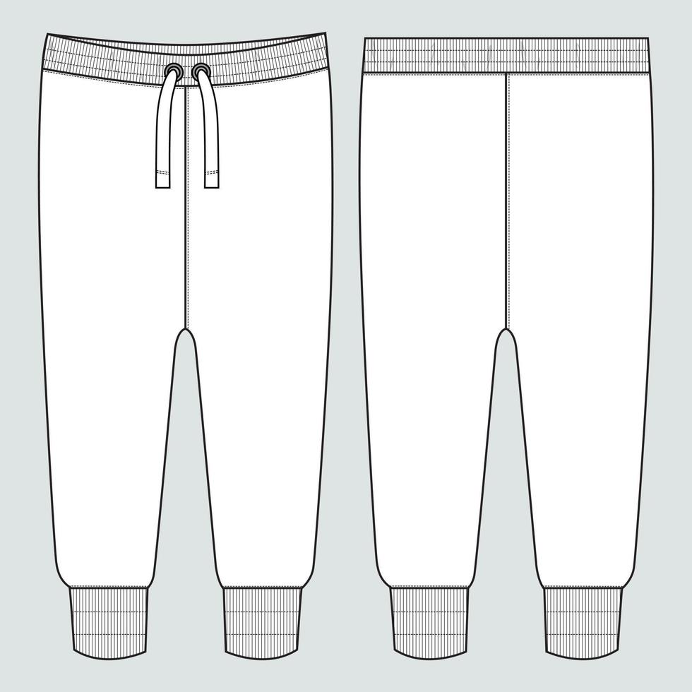 fleece tyg jogger träningsbyxor övergripande teknisk mode platt skiss vektor illustration mall framsidan, baksidan vyer. kläder design mock up cad.