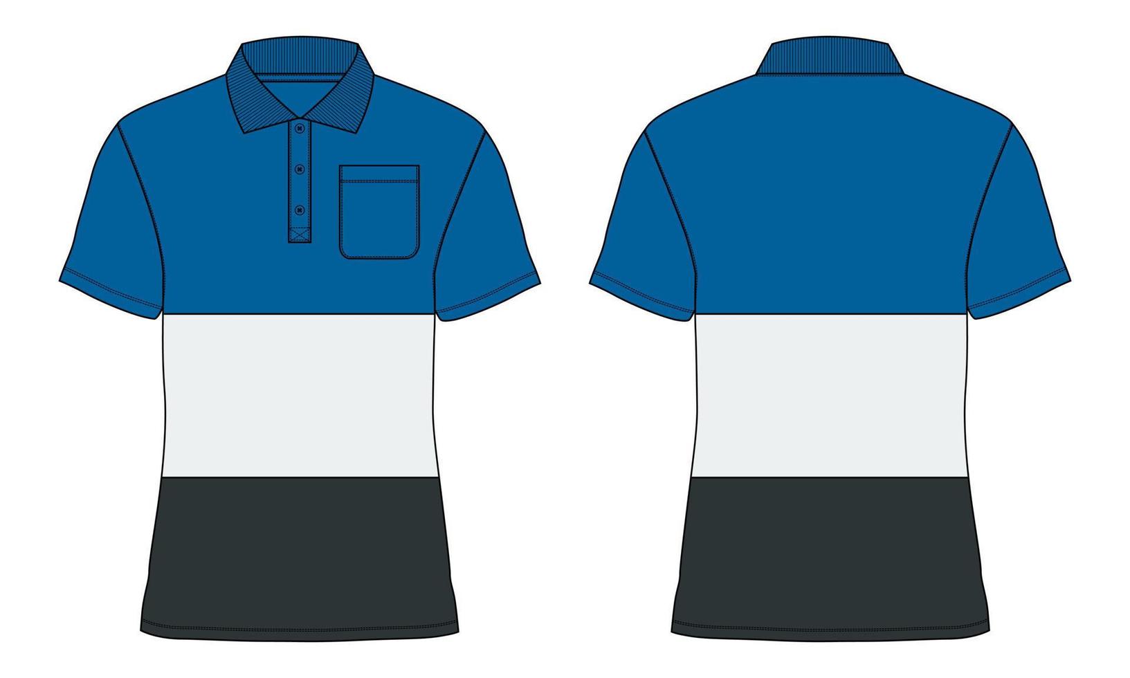 kurzärmliges poloshirt mit geschnittenem und genähtem gesamt technische mode flache skizze vektor illustration vorlage vorne, hinten ansichten. bekleidung kleidung design mock-up polo t-shirt cad.