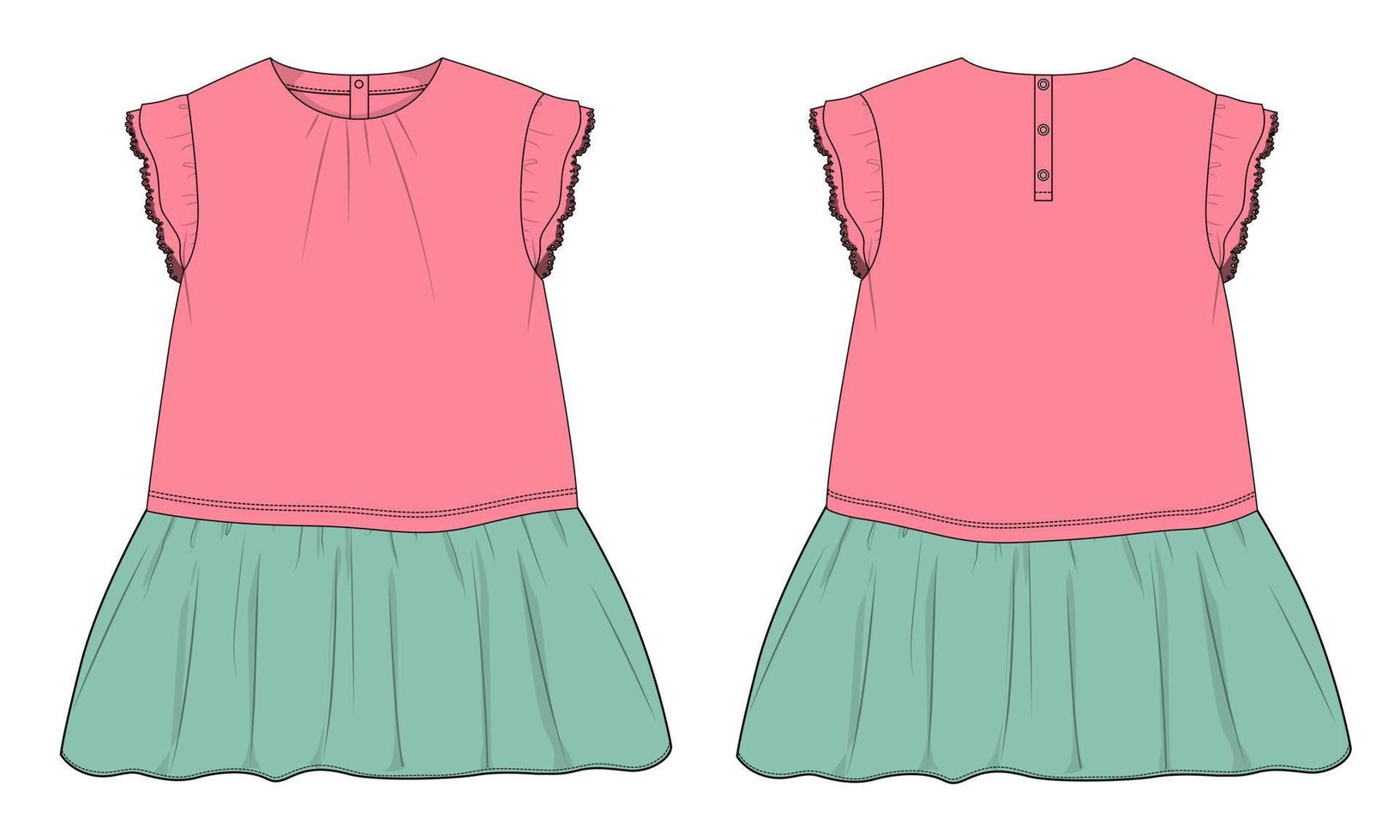 Baby Mädchen Kleid Design technische flache Skizze Vektor Illustration Vorlage. Bekleidungskleidung mock up Vorder- und Rückansicht isoliert auf grauem Hintergrund. Kinder Mode Vektorgrafiken Zeichnung einfach editierbar.