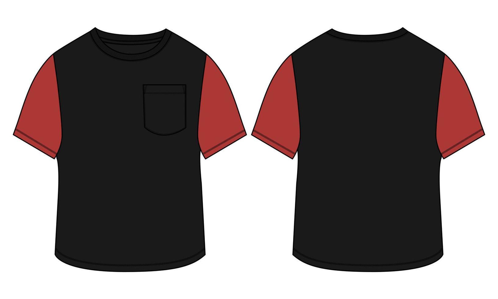 Kurzarm-T-Shirt mit normaler Passform, technische Skizze, Mode, flache Vorlage mit Rundhalsausschnitt, Vorder- und Rückansicht. Kleidung Kunst Zeichnung Vektor-Illustration Basic Bekleidungsdesign Mock-up. vektor