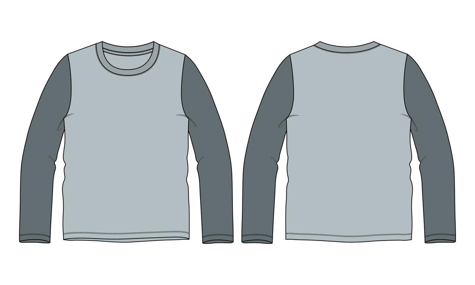 Art- und Weiset-shirt Vorder- und Rückseitenansicht der technischen Skizze des langen Hülsenrundhalsausschnitts flachen. Kleidung Kleid Design Cad Mock-up-Vektor-Illustration-Vorlage. vektor