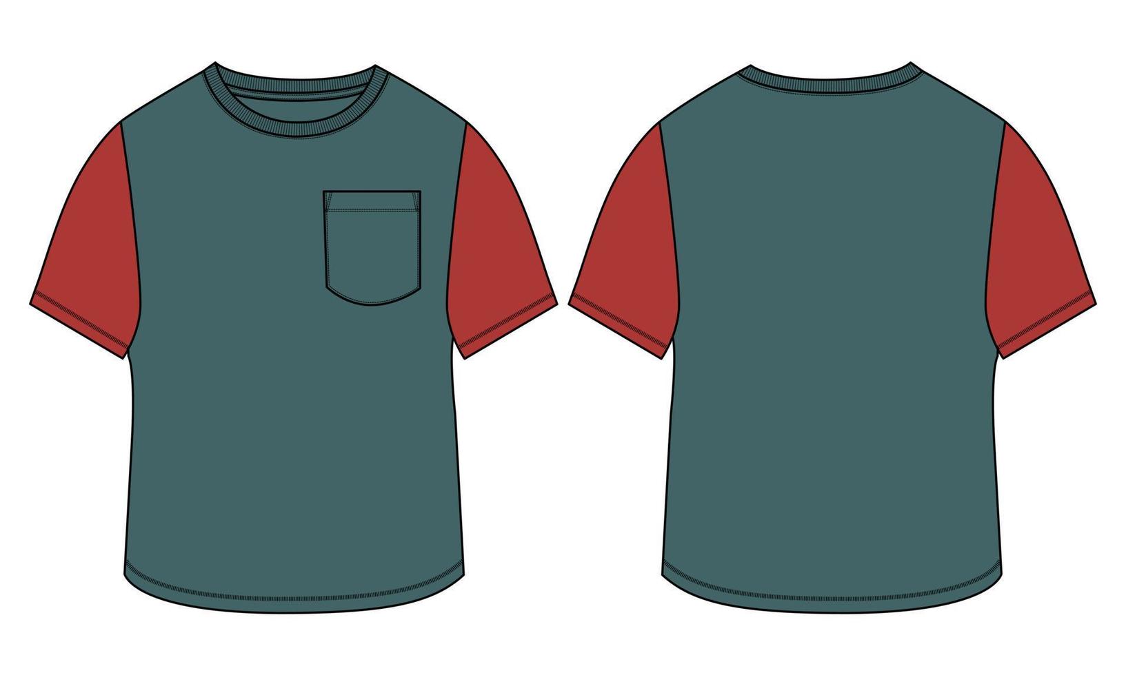 Kurzarm-T-Shirt mit normaler Passform, technische Skizze, Mode, flache Vorlage mit Rundhalsausschnitt, Vorder- und Rückansicht. Kleidung Kunst Zeichnung Vektor-Illustration Basic Bekleidungsdesign Mock-up. vektor