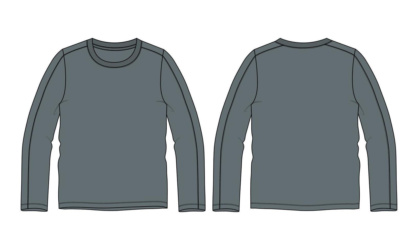 Art- und Weiset-shirt Vorder- und Rückseitenansicht der technischen Skizze des langen Hülsenrundhalsausschnitts flachen. Kleidung Kleid Design Cad Mock-up-Vektor-Illustration-Vorlage. vektor