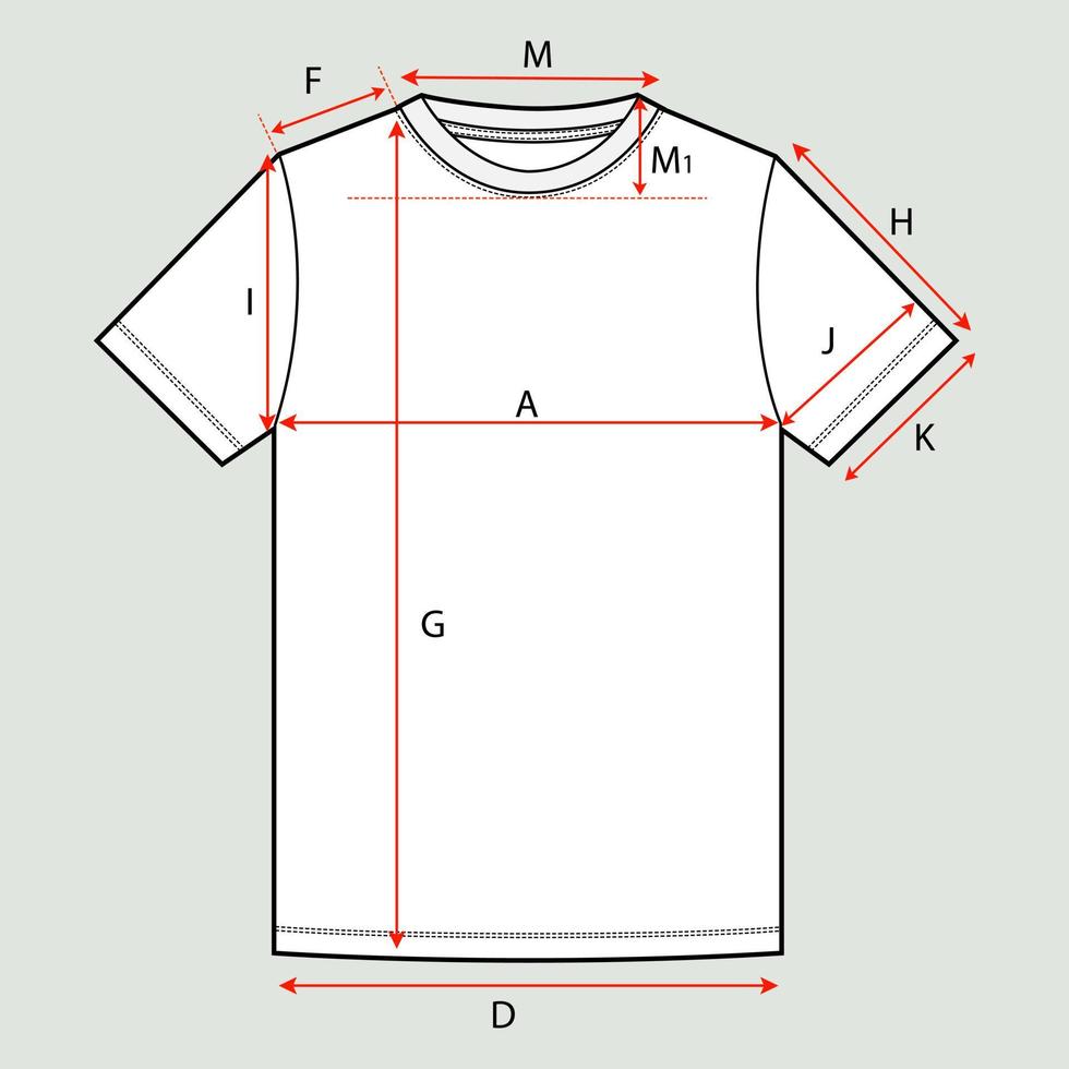 grundläggande t skjorta teknisk teckning platt skiss med mått guide detalj. vektor