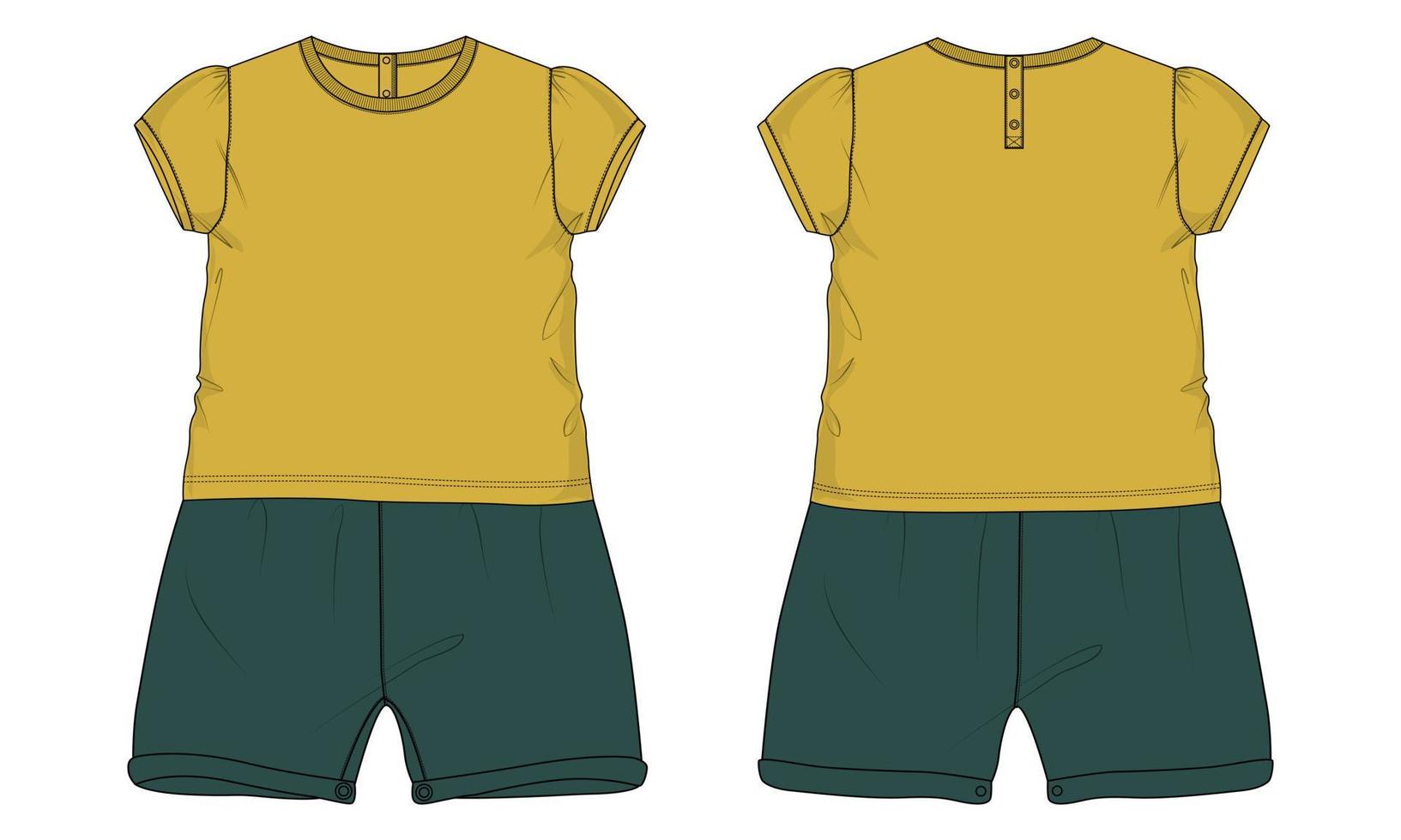 T-Shirt-Tops und Shorts Kleid Design technische Mode flache Skizze Vektor Illustration Vorlage für Kinder. bekleidung mock-up cad vorder- und rückansicht.
