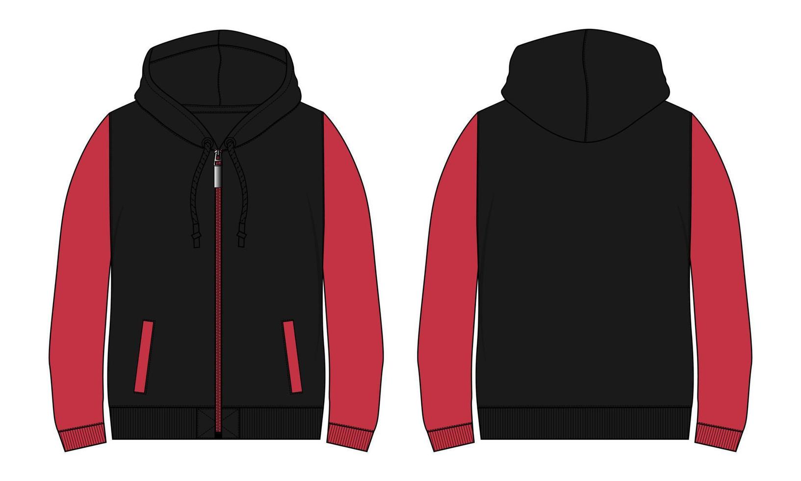 Langarm-Hoodie mit Reißverschluss und Tasche technische Mode flache Skizze Vektor-Illustration Vorlage Vorder- und Rückansichten. Kleidung Pullover Jacke mock up cad. vektor