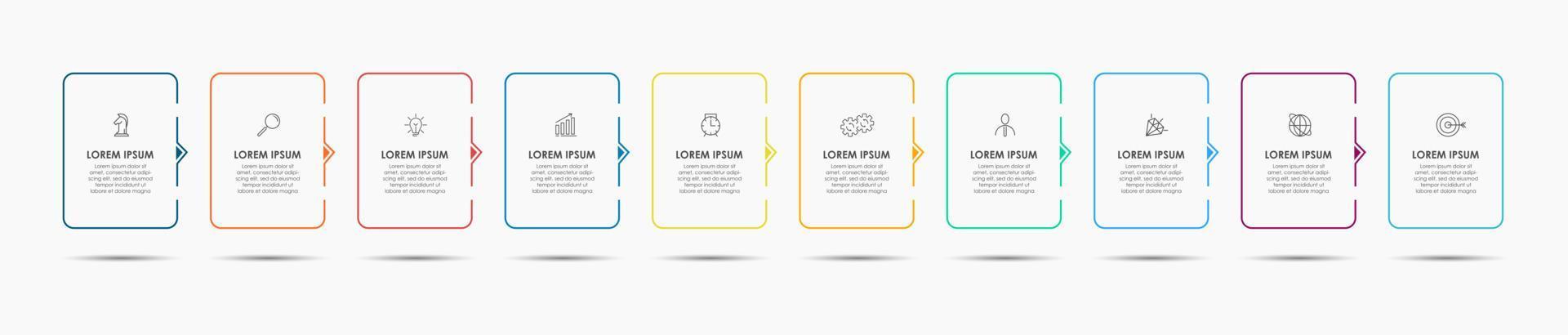 företag infographics mall. tidslinje med 10 steg, alternativ och marknadsföring ikoner .vektor linjär infographic med två cirkel konekterad element. kan vara använda sig av för presentation. vektor