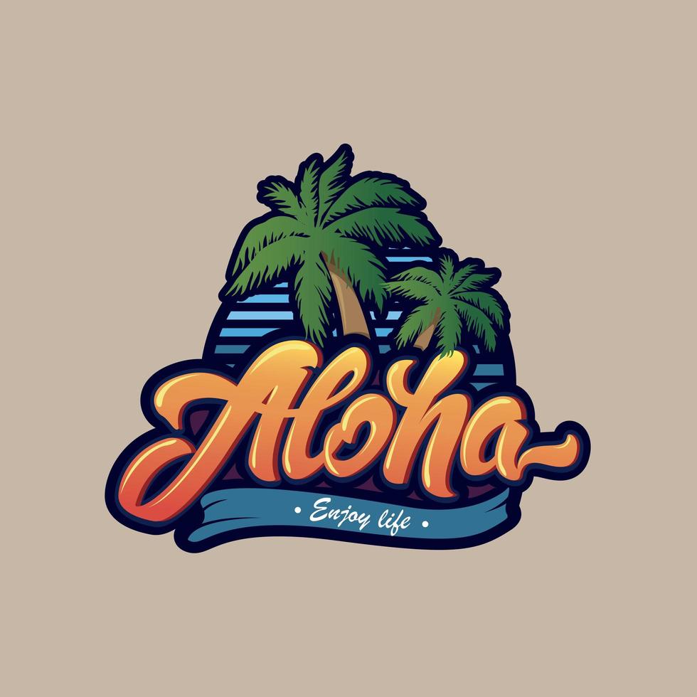 färgglad aloha typografi med palmträd vektor