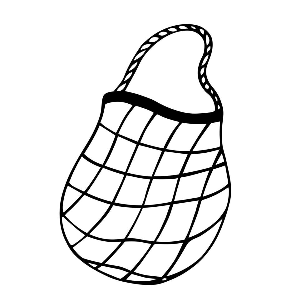 Vektorsymbol für umweltfreundliche wiederverwendbare Taschen. hand gezeichnete illustration lokalisiert auf weiß. String Bag, natürliches Baumwollnetz. Zero Waste, kein Plastik. schwarzer Umriss, Gekritzel. Bio-Verpackung für Logo, Web, Druck vektor