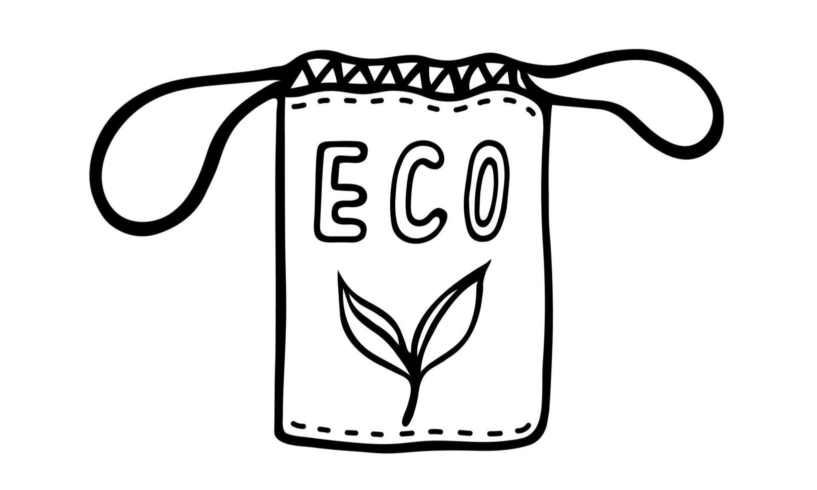 tyg återanvändbar eco väska med växt löv. hand dragen vektor ikon isolerat på vit. Nej plast, gå grön, noll avfall. eco vänlig behållare, bio förpackning. tecknad serie klotter för affisch, skriva ut, logotyp