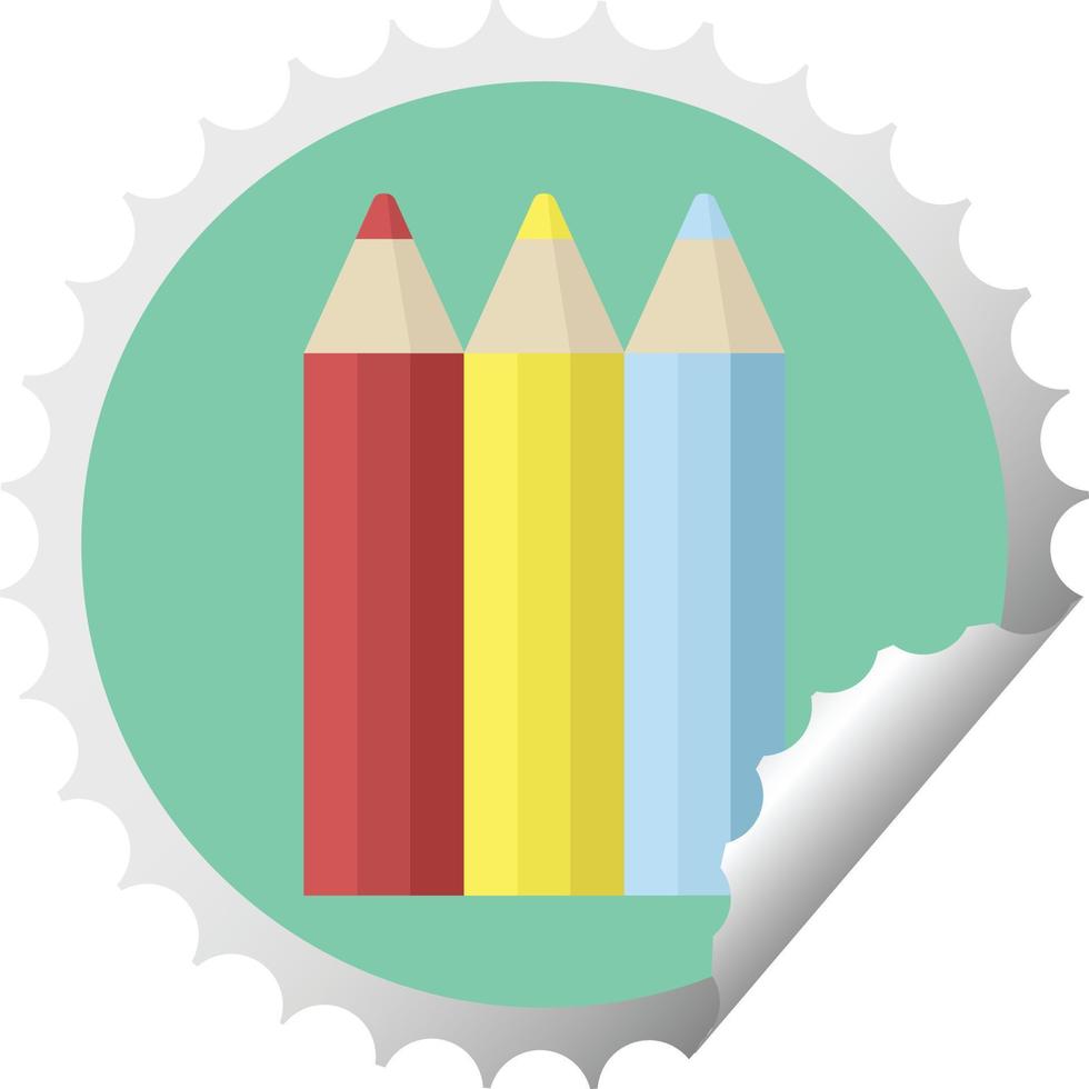 Färg pennor grafisk vektor illustration runda klistermärke stämpel