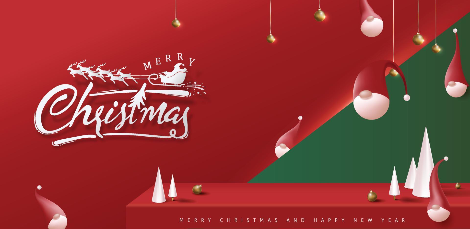 frohe weihnachten banner studio tisch zimmer produktanzeige mit niedlichem gnom und festlicher dekoration für weihnachten vektor