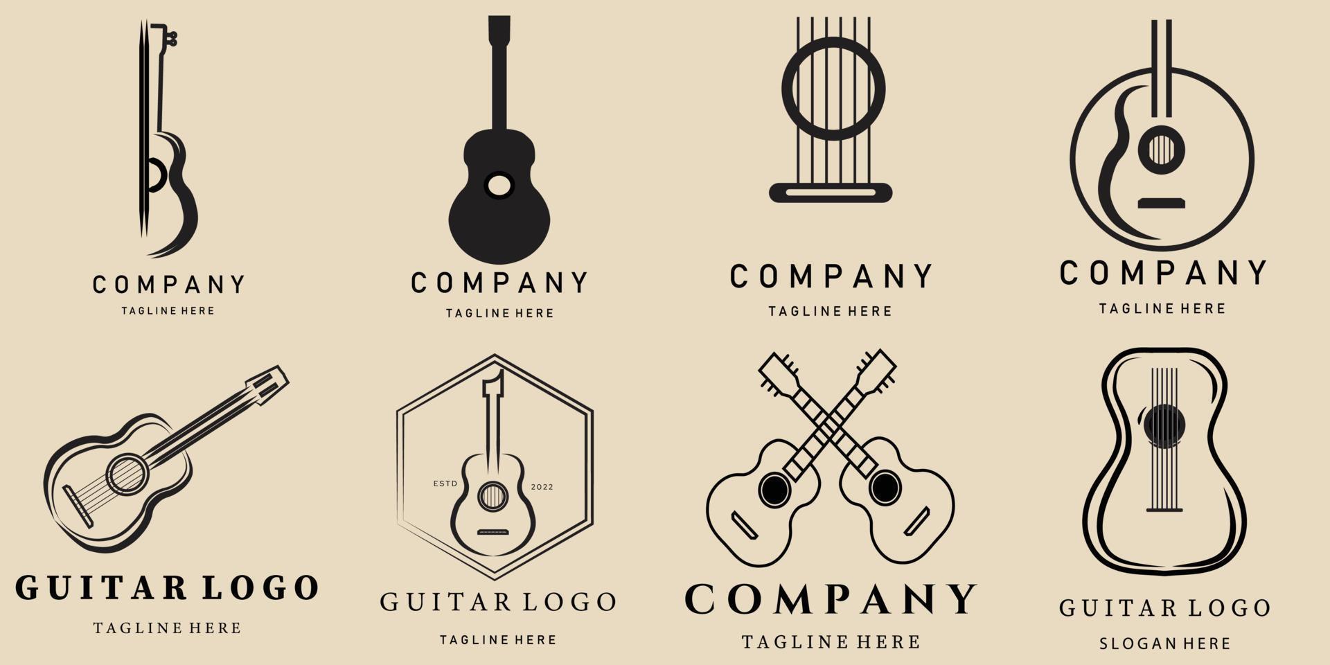 Ställ in gitarr linjekonst logotyp, ikon och symbol, med emblem vektor illustration design
