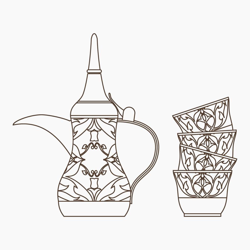 redigerbar isolerat sida se arab dallah kaffe pott och finjan koppar stack vektor illustration i översikt stil för Kafé med mitten östra kultur tradition och islamic stunder relaterad design