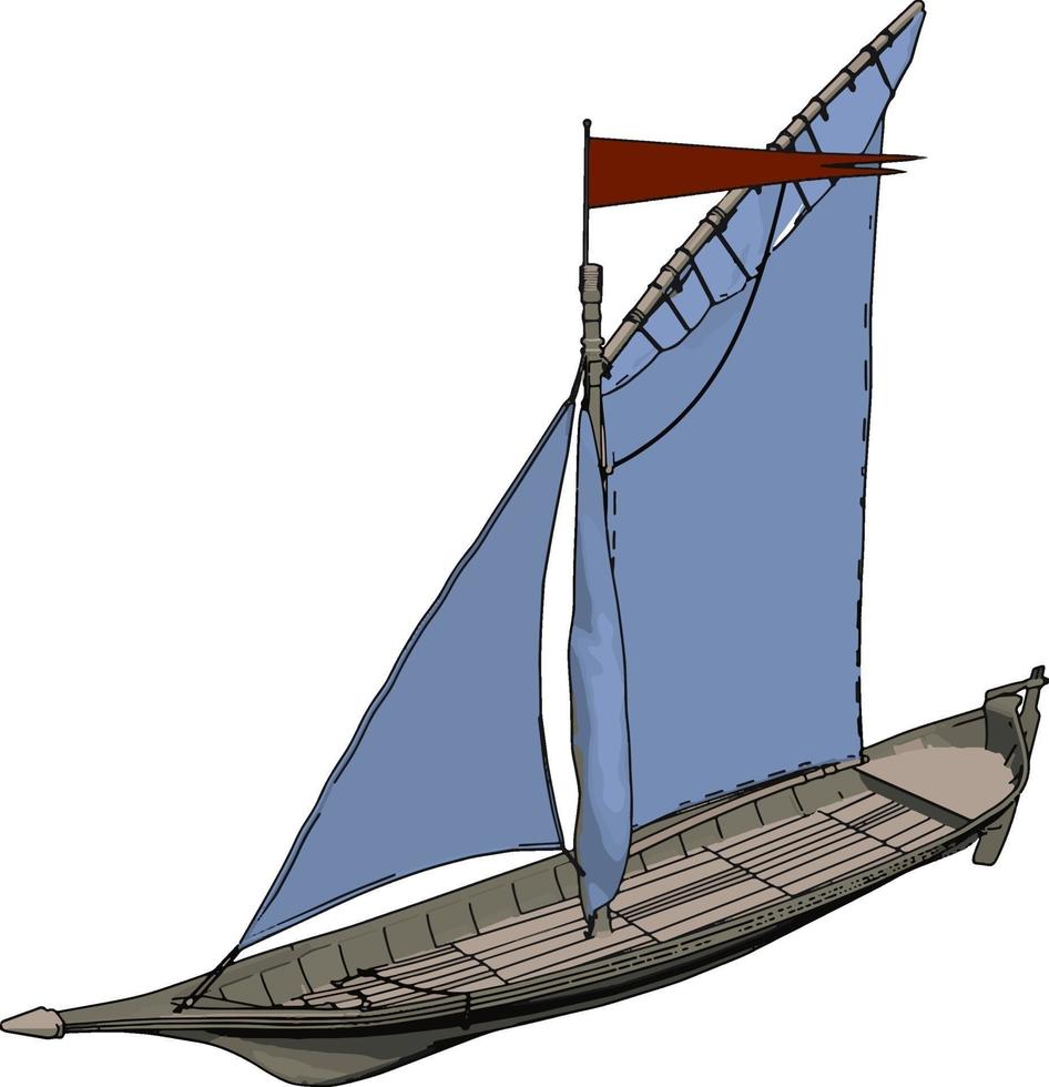 kleines blaues Schiff, Illustration, Vektor auf weißem Hintergrund.