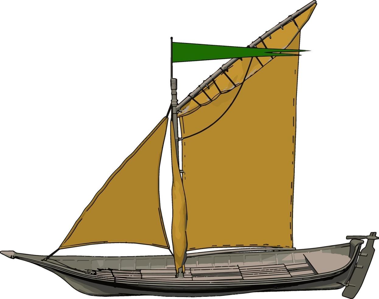 kleines braunes Schiff, Illustration, Vektor auf weißem Hintergrund.