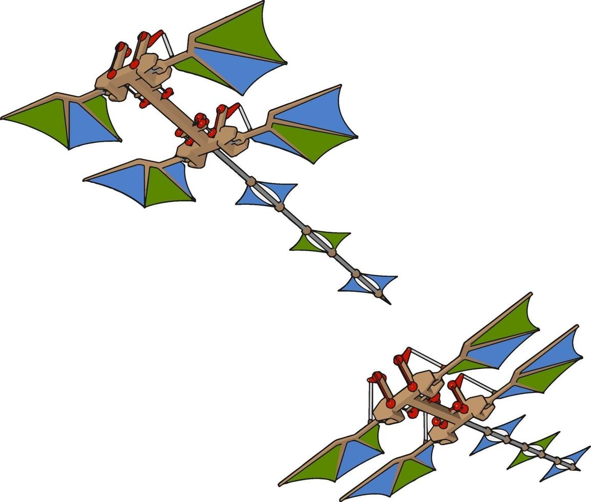 Retro fliegende Drachenmaschinen, Illustration, Vektor auf weißem Hintergrund.