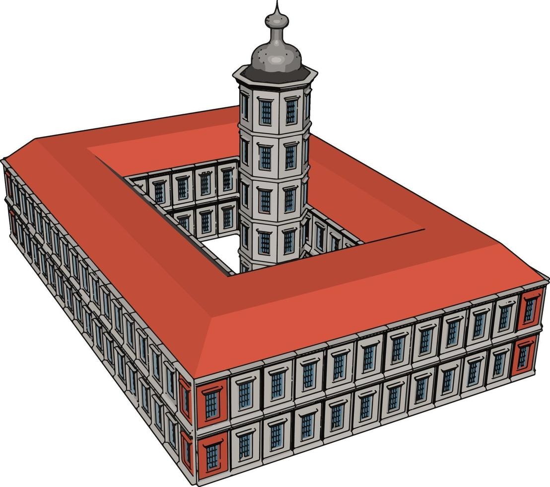 skön stor byggnad med röd tak, illustration, vektor på vit bakgrund.