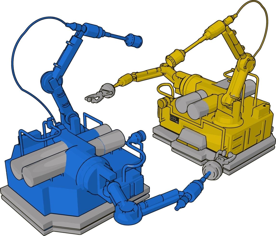blaue und gelbe technische Maschine, Illustration, Vektor auf weißem Hintergrund.