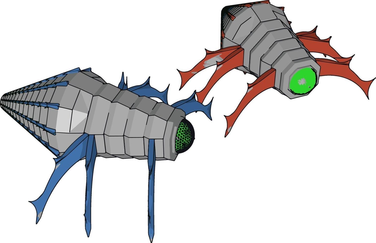 Cyborg-Käfer mit blauen und roten Beinen, Illustration, Vektor auf weißem Hintergrund.