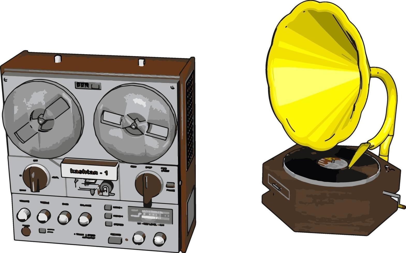 alter Radiorecorder mit Grammophon, Illustration, Vektor auf weißem Hintergrund.