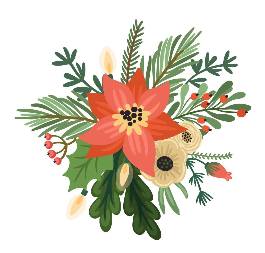 jul och Lycklig ny år blomma arrangemang. jul träd, blommor, bär. isolerat illustration. element design. vektor