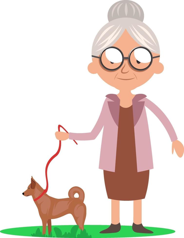 Oma mit Hund, Illustration, Vektor auf weißem Hintergrund.