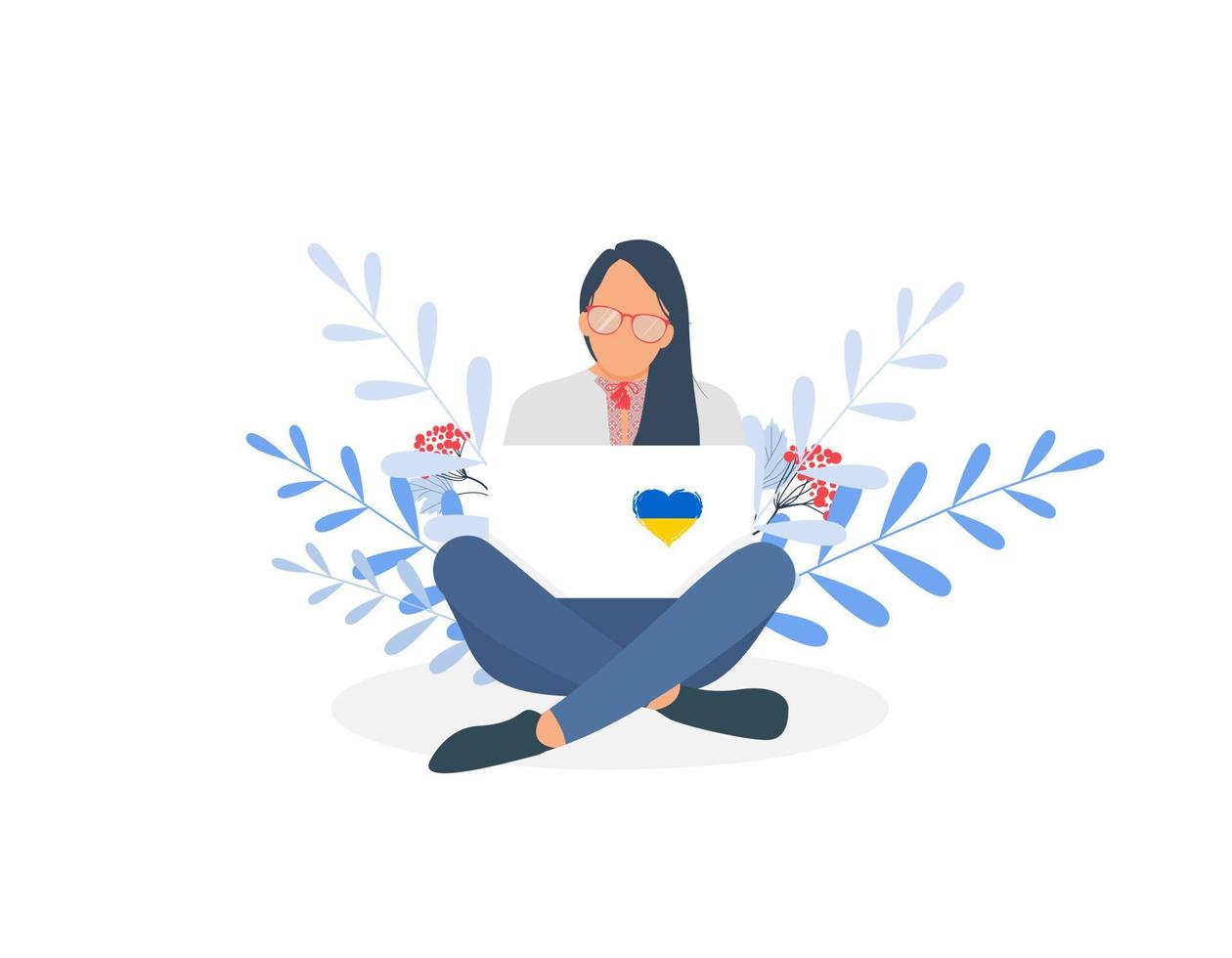 ukrainisches mädchen im stickereihemd, das am laptop arbeitet. konzept der fernarbeit oder freiberuflich. liebe ukraine. Vektor-Illustration vektor