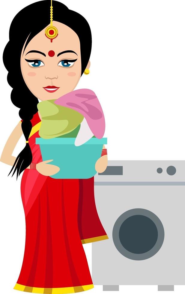 Inderin mit Waschmaschine, Illustration, Vektor auf weißem Hintergrund.