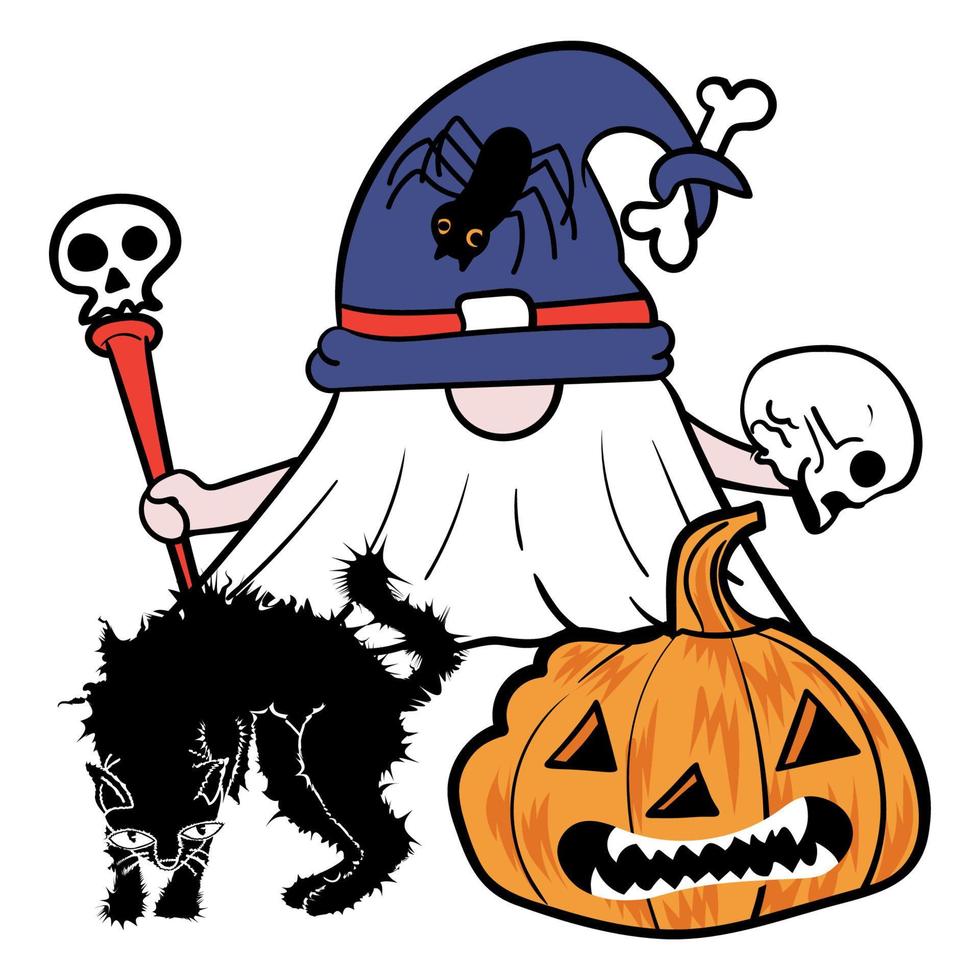 halloween gnome med svart katt och pumpa. vektor