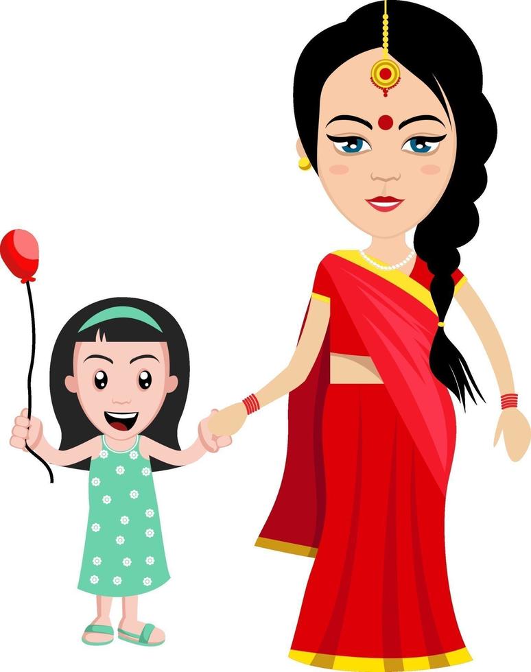 indische Frau mit kleinem Mädchen, Illustration, Vektor auf weißem Hintergrund.