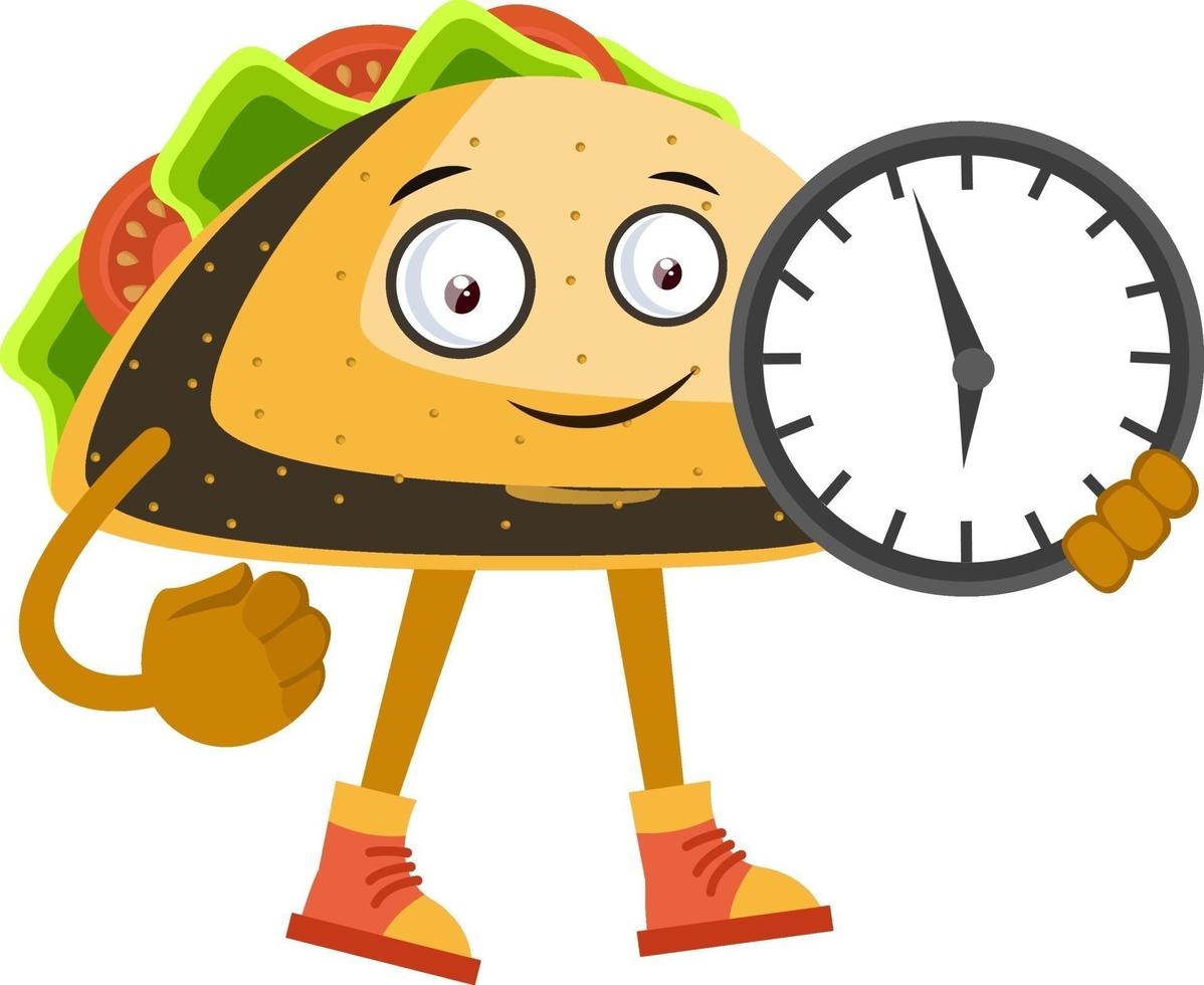 Taco mit Uhr, Illustration, Vektor auf weißem Hintergrund.