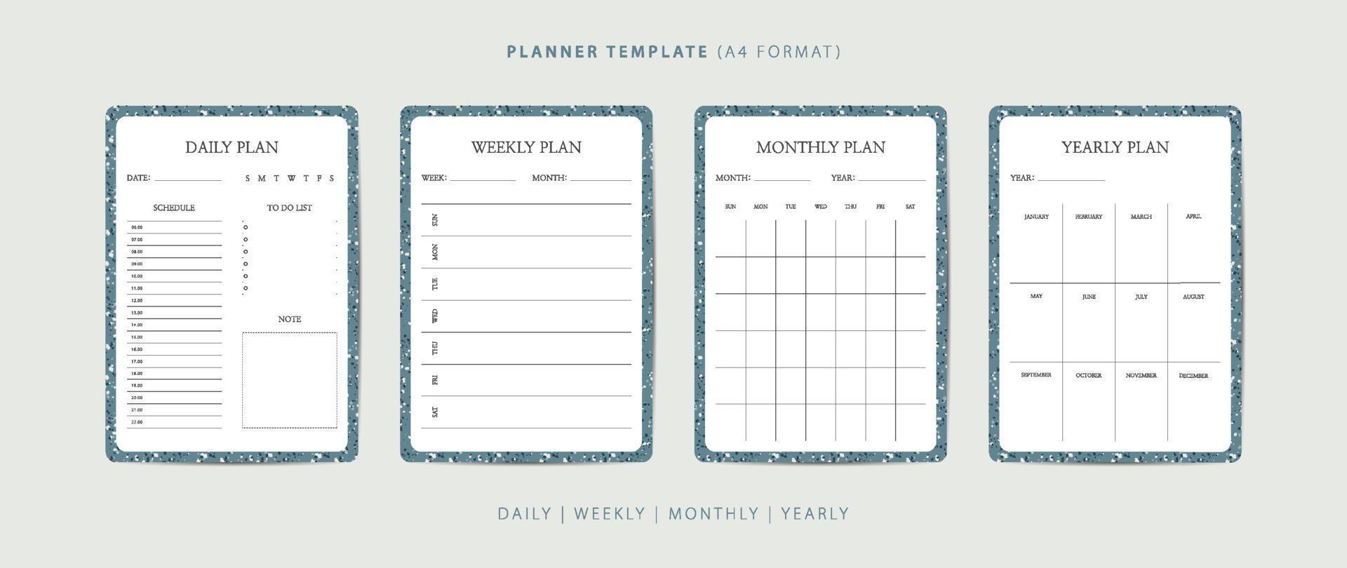 uppsättning av dagligen, varje vecka, en gång i månaden, och årlig planerare minimalistisk mall med terrazzo mönster vektor