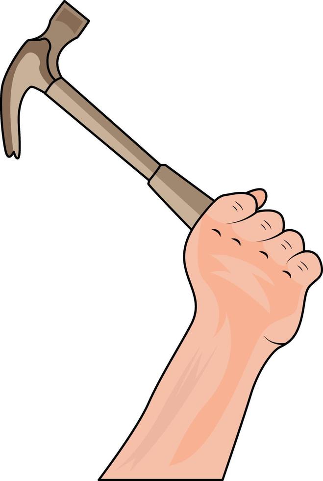 Hand mit Hammer, Illustration, Vektor auf weißem Hintergrund.