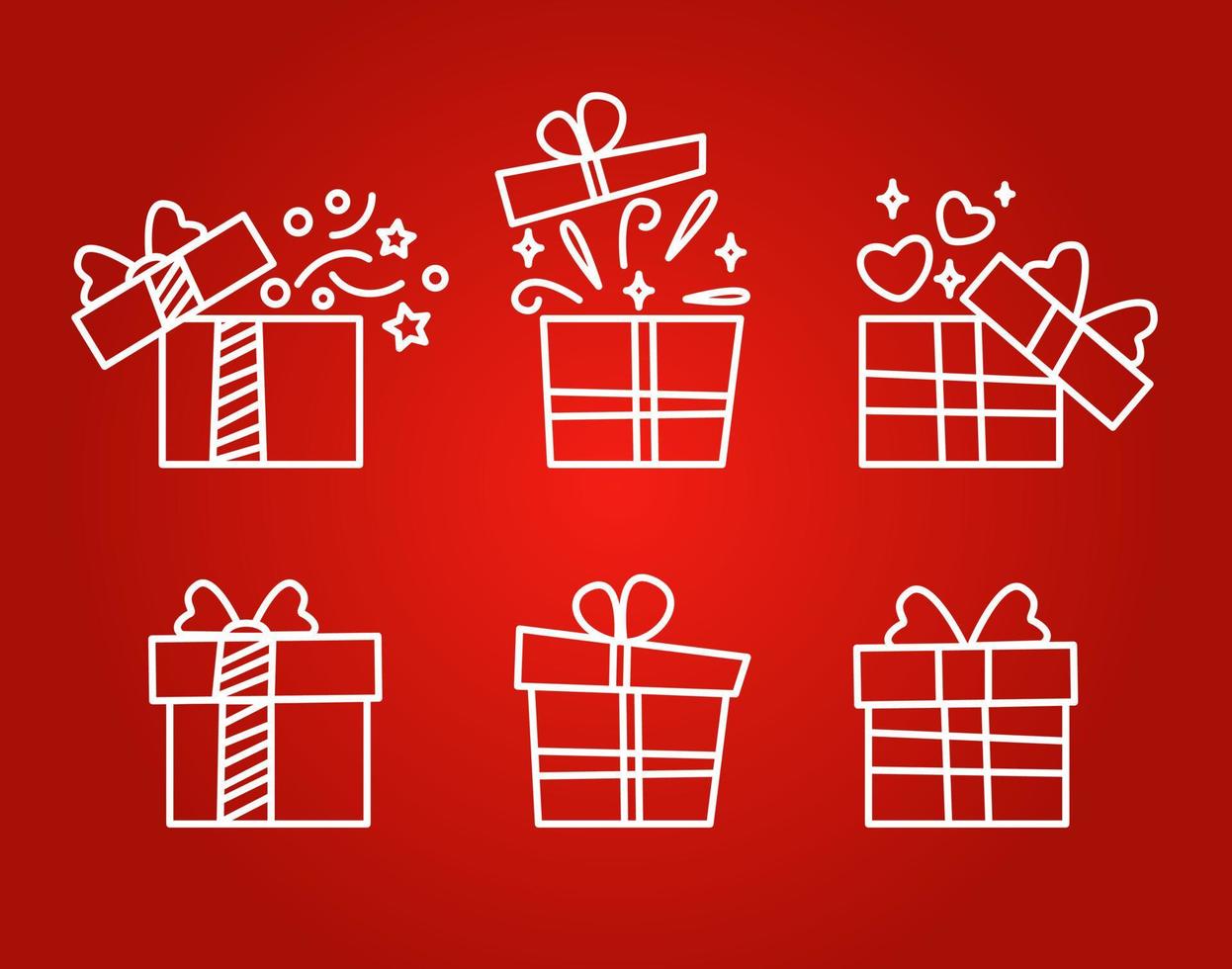 Set von Geschenkboxen auf rotem Hintergrund. gegenwärtig. Linienstil. Gliederung vektor