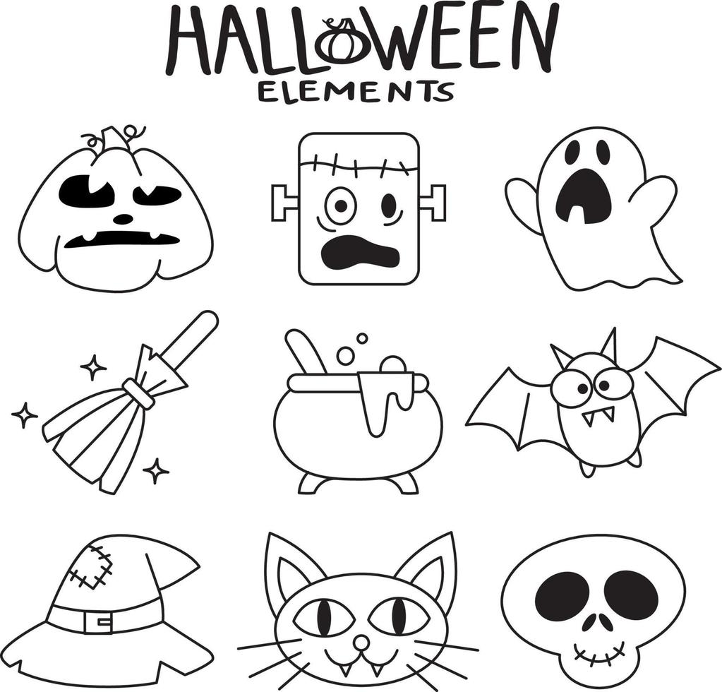 Halloween-Set. Doodle-Set mit stilisierten Kürbissen, Fledermäusen, Krähen und Kerzen. vektor