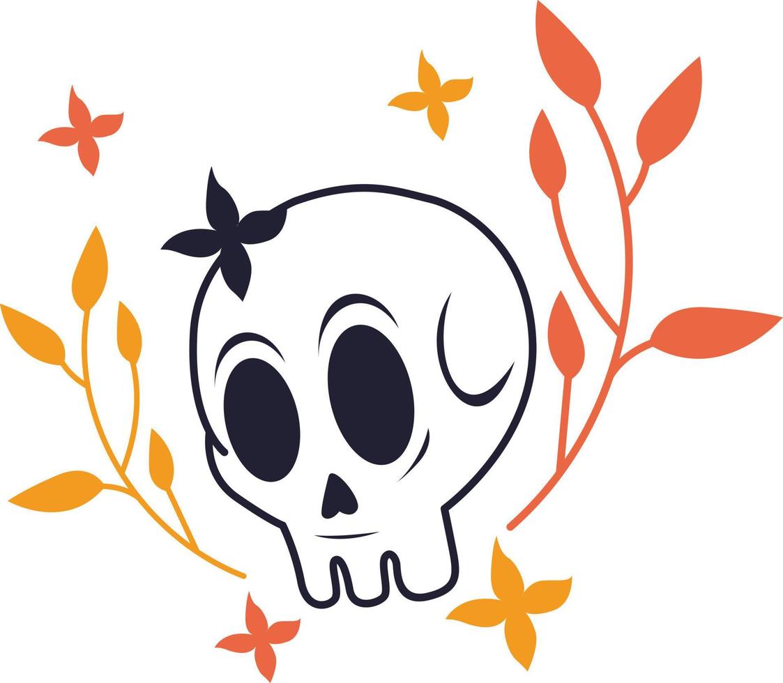 Cartoon-Schädel auf weißem Hintergrund mit Blattdekoration für Halloween-Design vektor