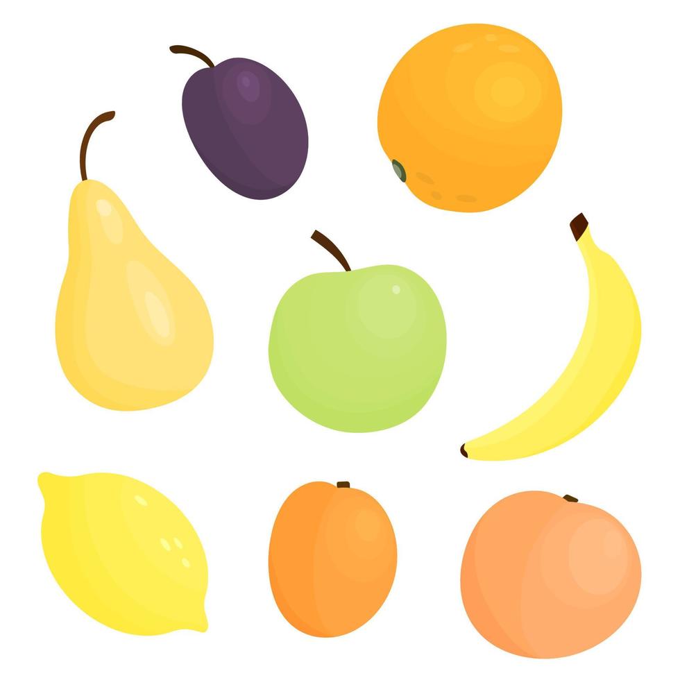 satz karikaturfrüchte lokalisiert auf weißem hintergrund. Pflaume Banane Pfirsich Aprikose Orange Zitrone Apfel. Vektor-Illustration vektor