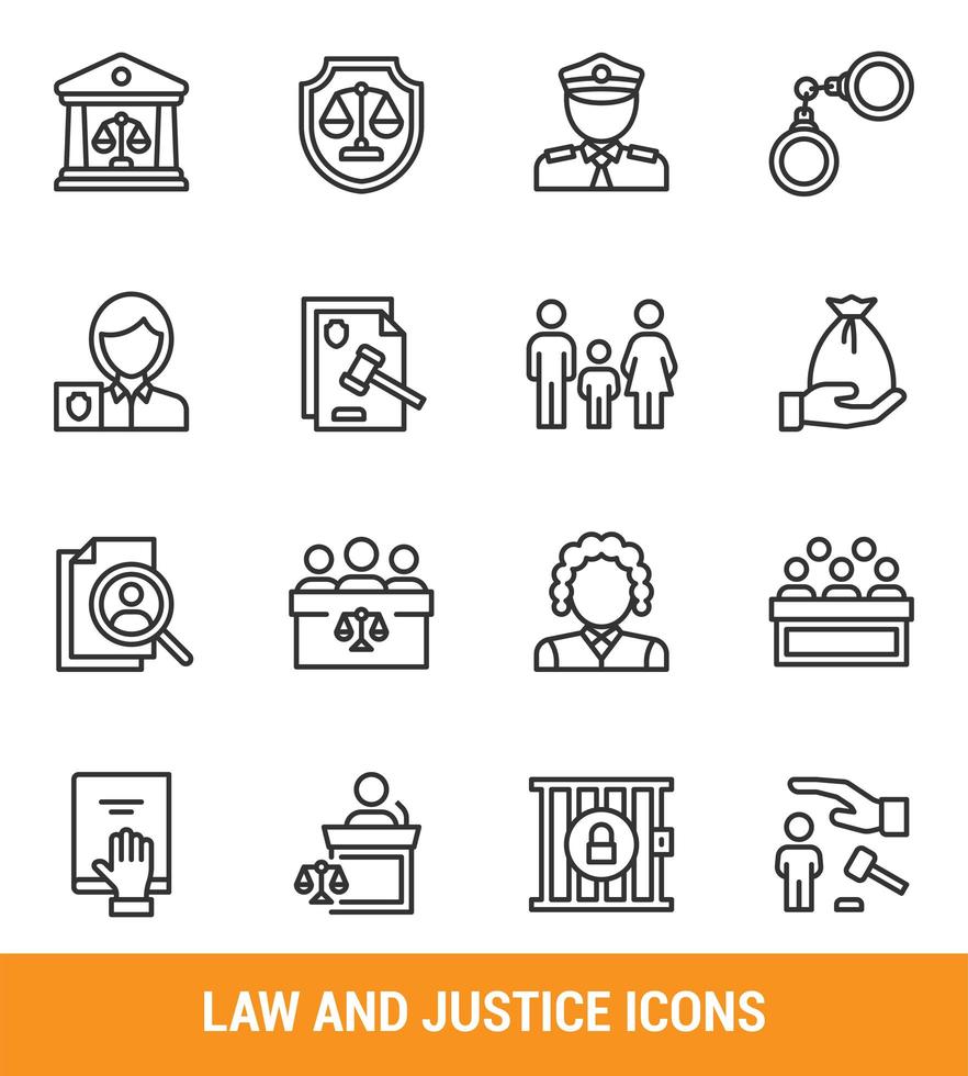 Gesetz und Gerechtigkeit Umriss Icon Set vektor