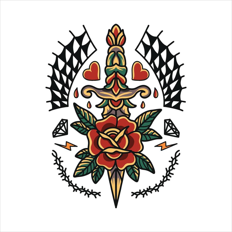 traditionelles Tattoo-Design für Rosen und Dolche vektor