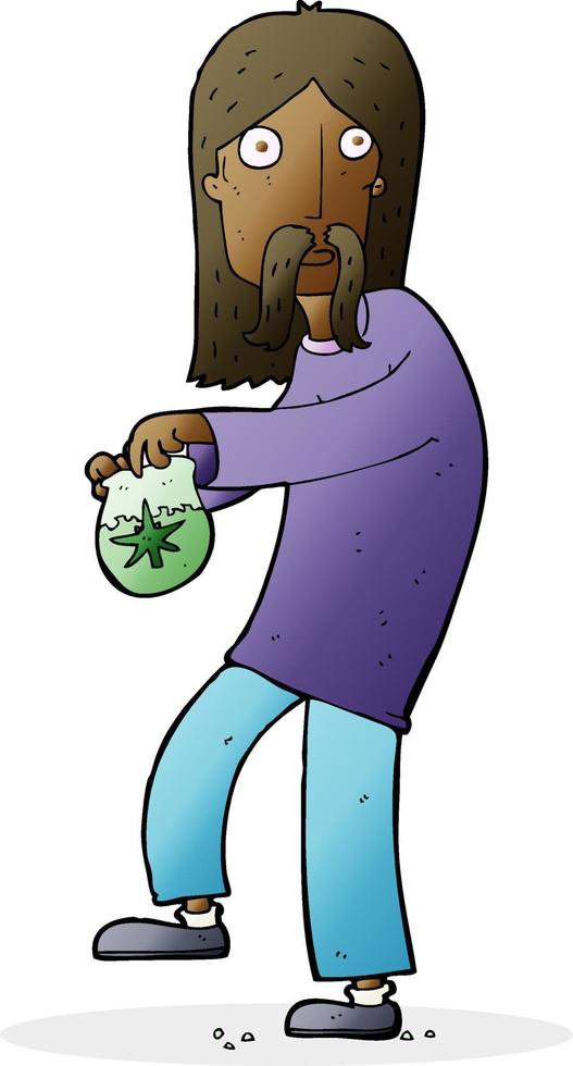 Cartoon-Hippie-Mann mit Tüte Unkraut vektor