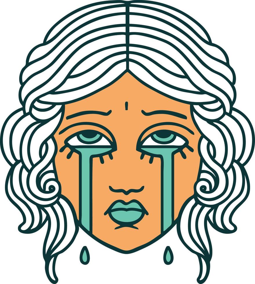 ikoniska tatuering stil bild av kvinna ansikte gråt vektor