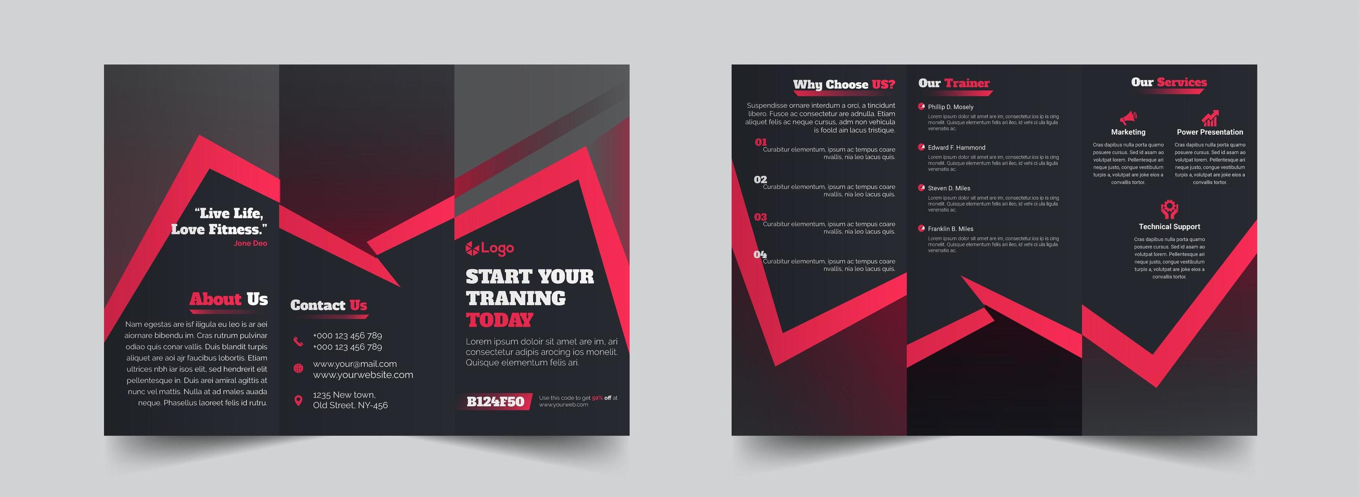 grau mit roter Fitness-Fitness-Trifold-Broschüre Design-Vorlage vektor