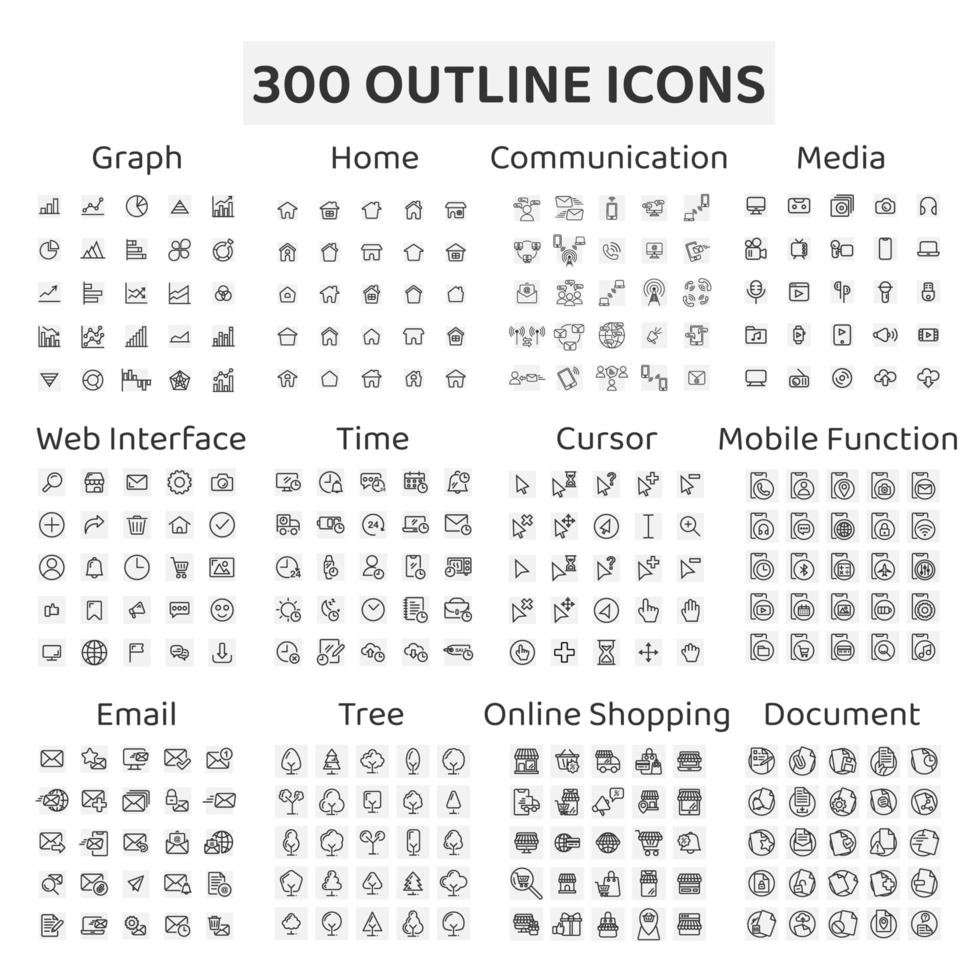 uppsättning av 300 disposition ikoner graf, hem och mer vektor