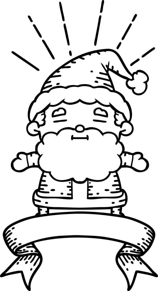 Scroll-Banner mit Weihnachtsmann-Weihnachtsfigur im Tattoo-Stil mit schwarzer Linie vektor