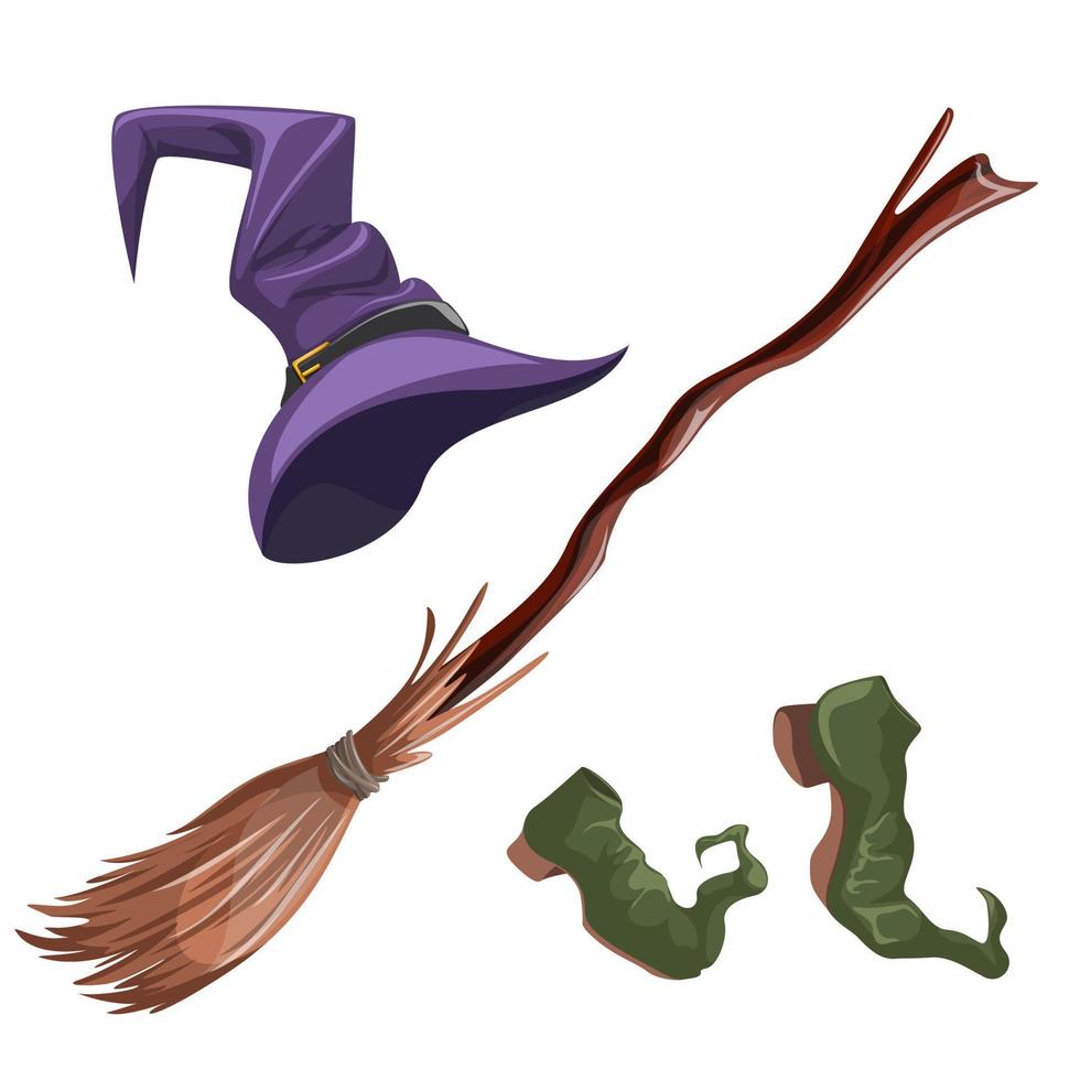 Vektorbild einer Reihe von Utensilien für eine Hexe aus drei Elementen. Cartoon-Stil. Konzept. isoliert auf weißem Hintergrund. Folge 10 vektor
