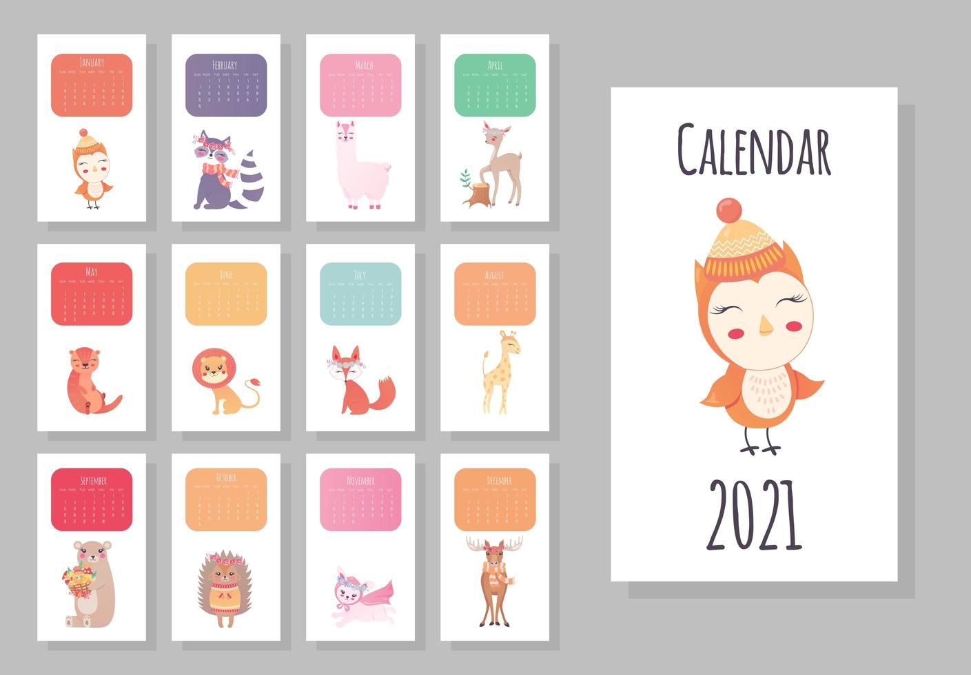 månadsvis 2021-kalender med söta djur vektor
