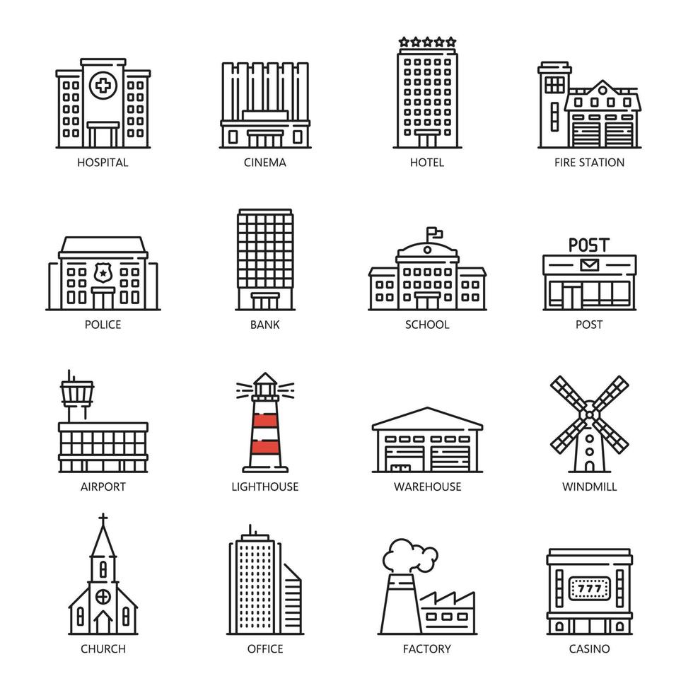 städtische, gewerblich genutzte Gebäude skizzieren Symbole vektor